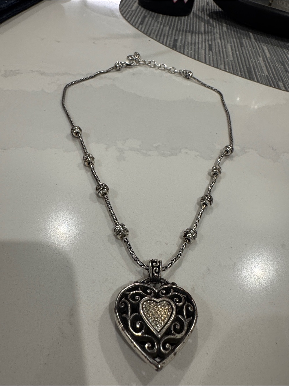 Brighton 2 sided- Silver Heart Pendant Necklace with Crystal Accent